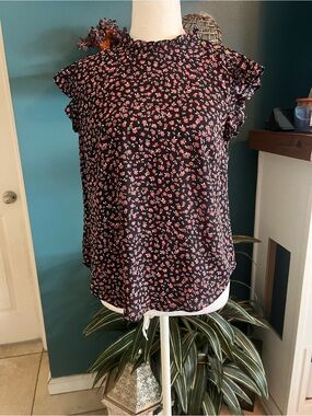 LOFT Black Floral Ruffle Sleeve Blouse
